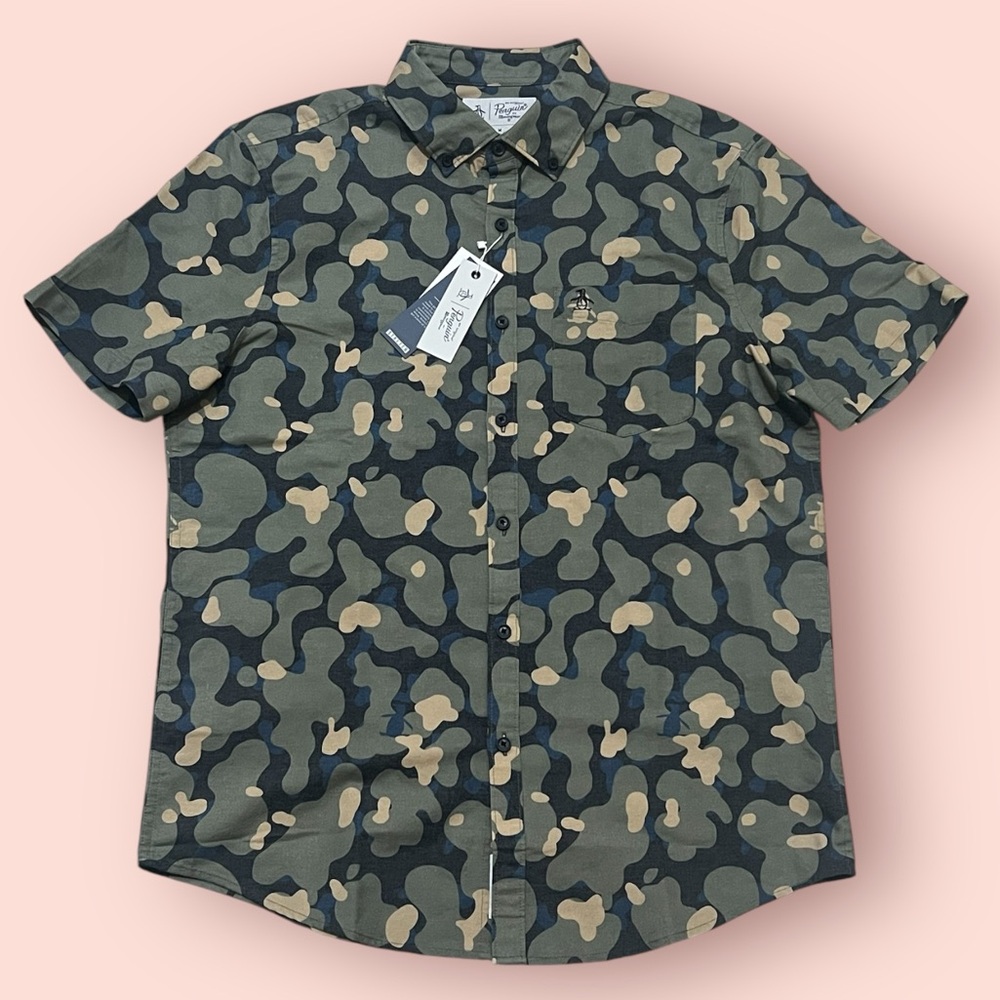 Original Penguin Mens Button Down Camo Shirt (Dusty Olive)